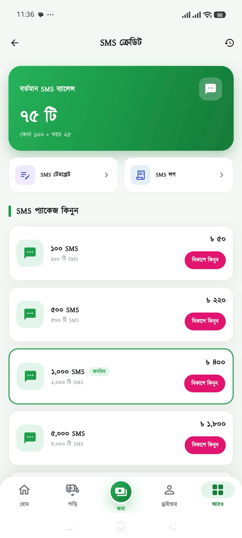 SMS ক্রেডিট স্ক্রিন